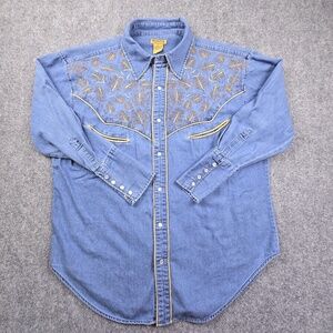 Vintage Embroidered Denim Western Shirt - Blue